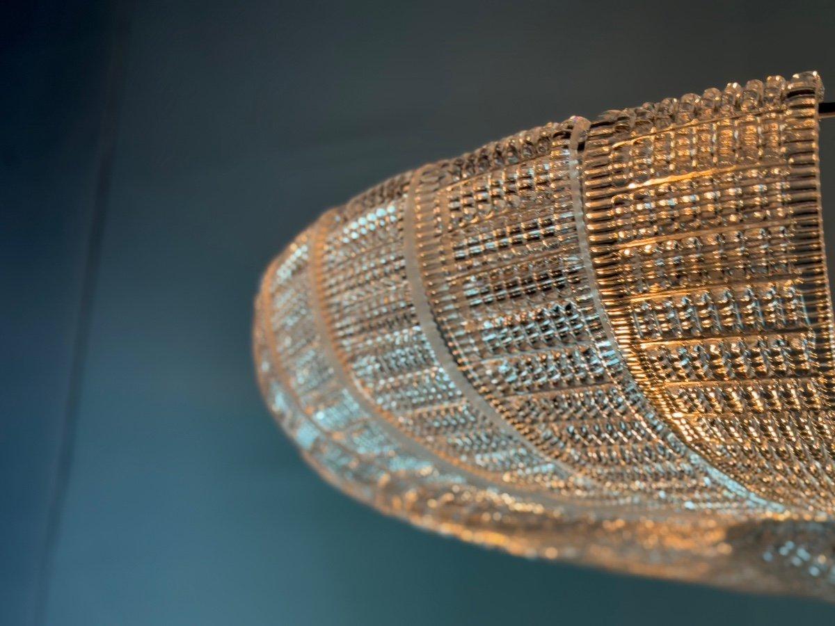 Lampadario veneziano in vetro di Murano incolore, plafoniera UFO o disco volante, può essere appeso come lampadario o fissato al soffitto come plafoniera