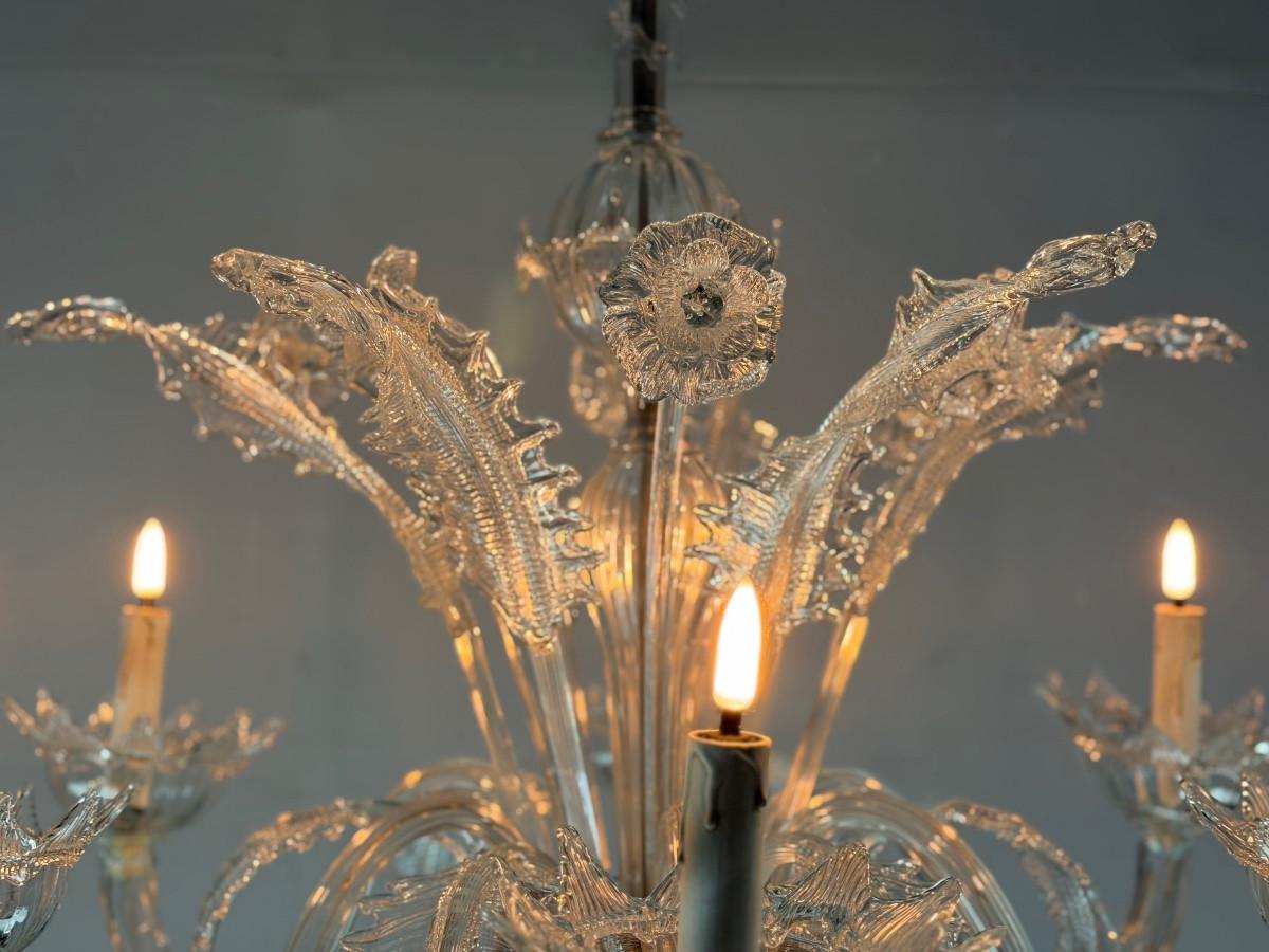 Lampadario veneziano in vetro di Murano incolore con 6 bracci luminosi, circa 1930 in vendita 5