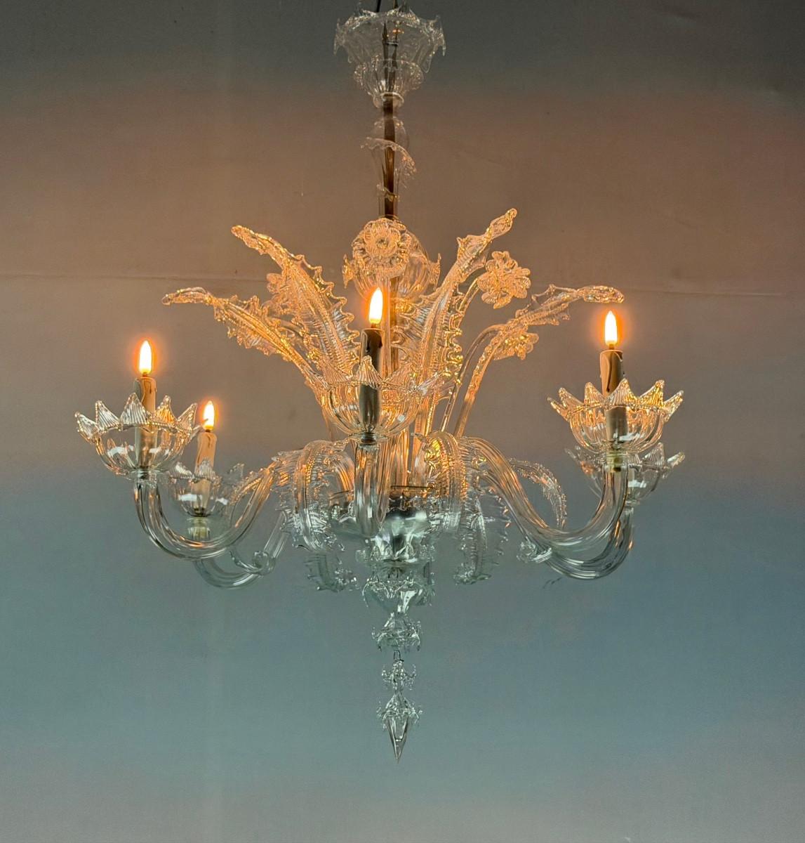 Lampadario veneziano in vetro di Murano incolore con 6 bracci luminosi, circa 1930 in vendita 6