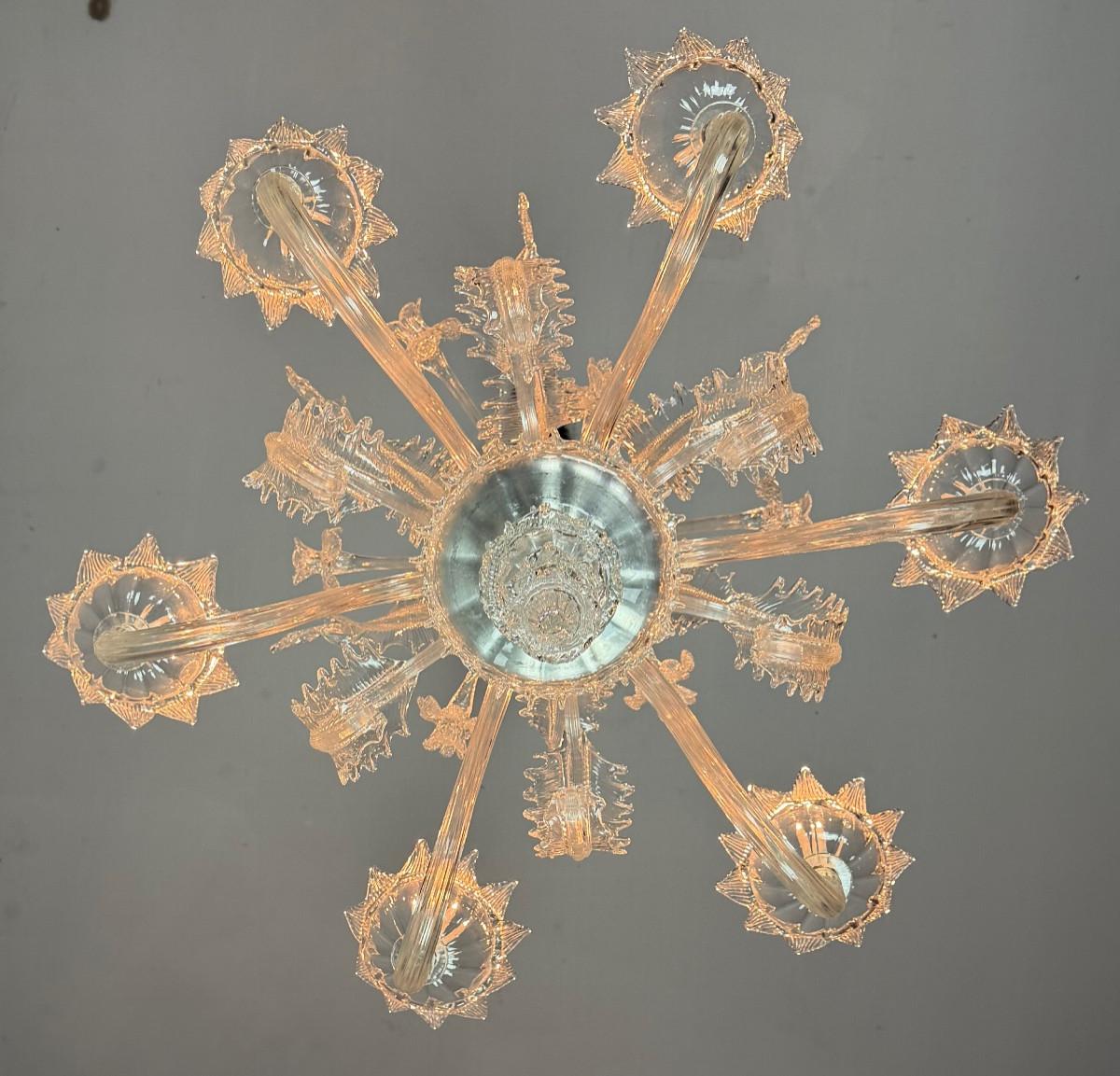 Art Déco Lampadario veneziano in vetro di Murano incolore con 6 bracci luminosi, circa 1930 in vendita