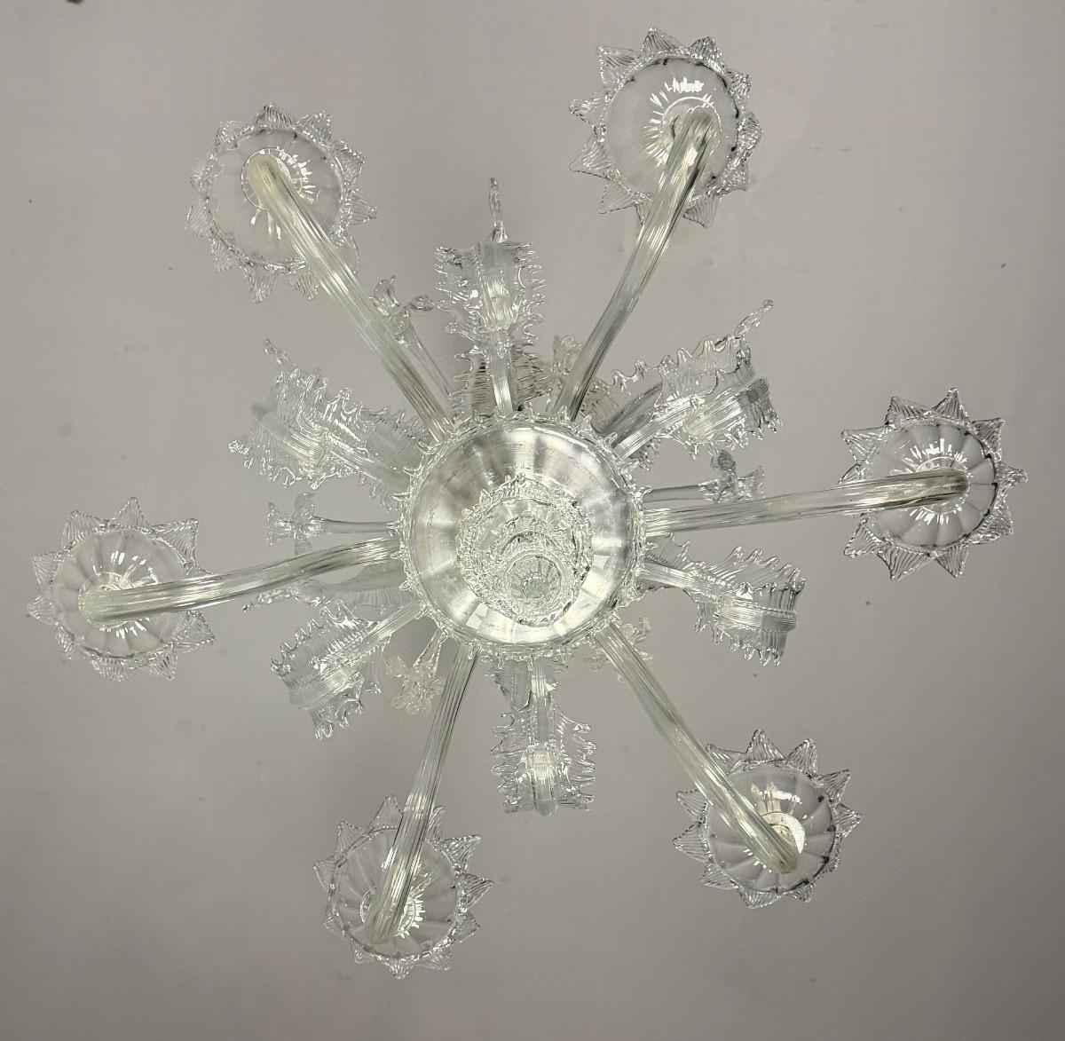 Lampadario veneziano in vetro di Murano incolore con 6 bracci luminosi, circa 1930 In condizioni buone in vendita a Honnelles, WHT