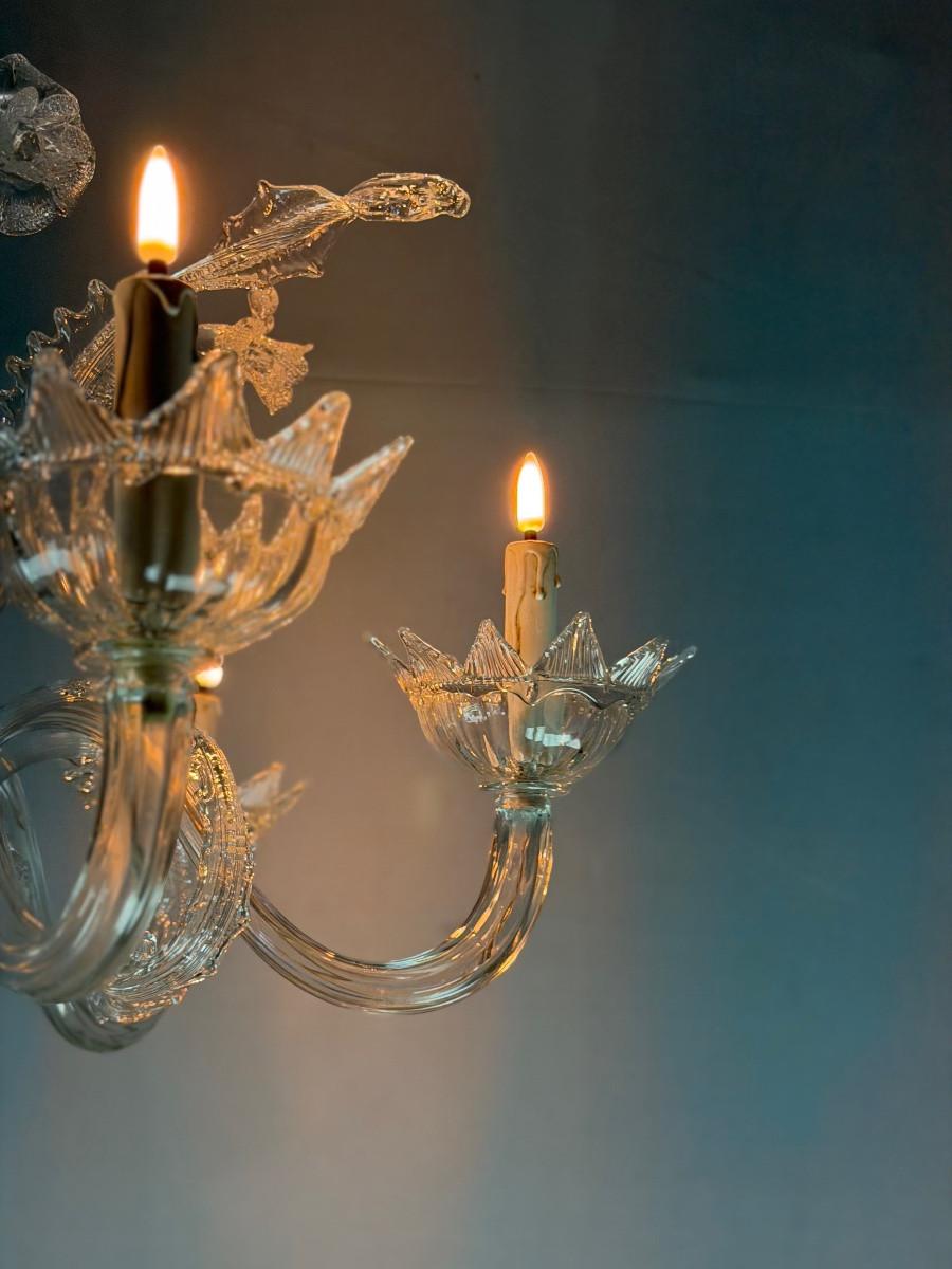 XX secolo Lampadario veneziano in vetro di Murano incolore con 6 bracci luminosi, circa 1930 in vendita