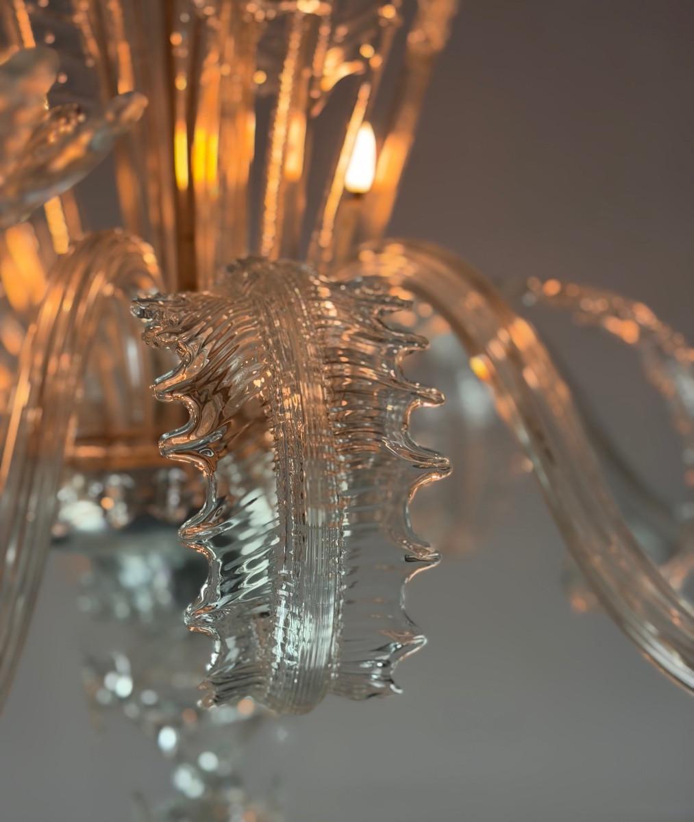 Lampadario veneziano in vetro di Murano incolore con 6 bracci luminosi, circa 1930 in vendita 3