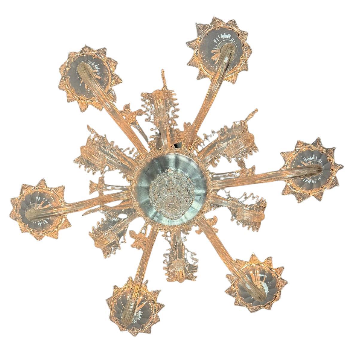 Lampadario veneziano in vetro di Murano incolore con 6 bracci luminosi, circa 1930 in vendita