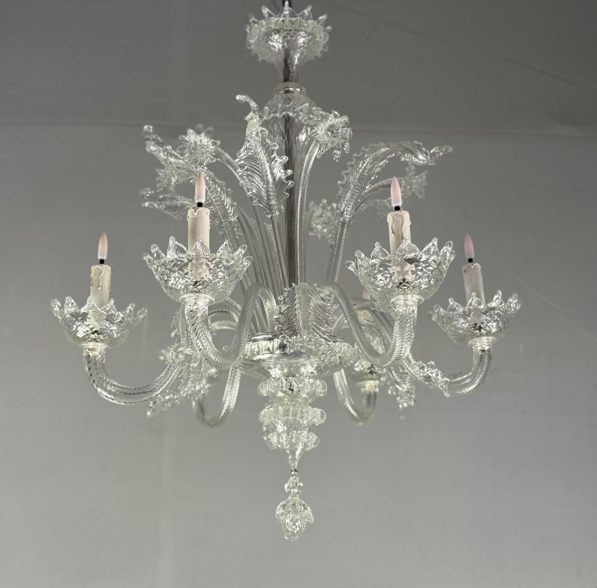 Lampadario veneziano in vetro di Murano incolore con 6 bracci luminosi, circa 1940 in vendita 5