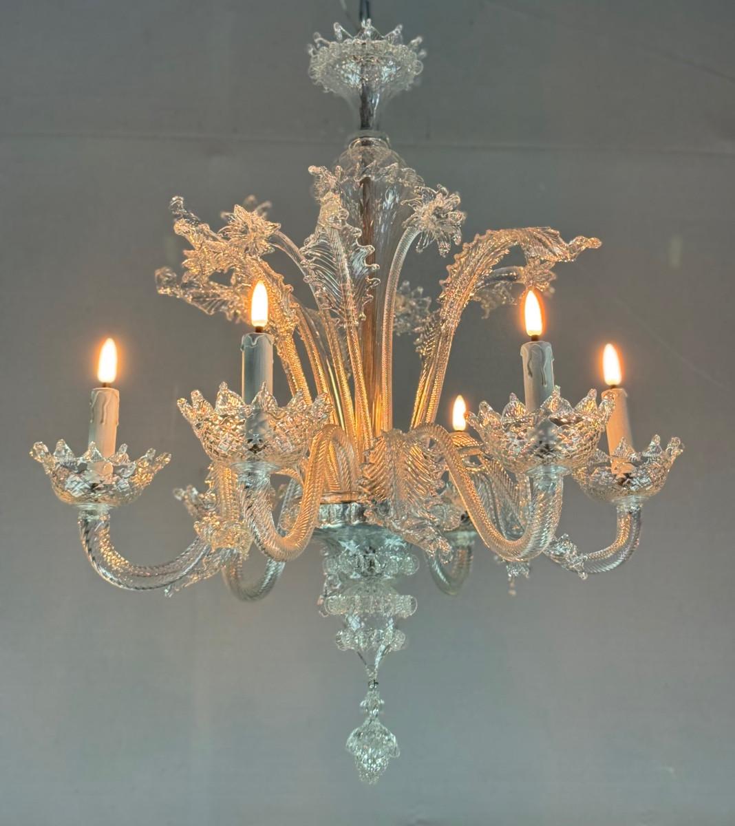Lampadario veneziano in vetro di Murano incolore con 6 bracci luminosi, circa 1940 in vendita 6