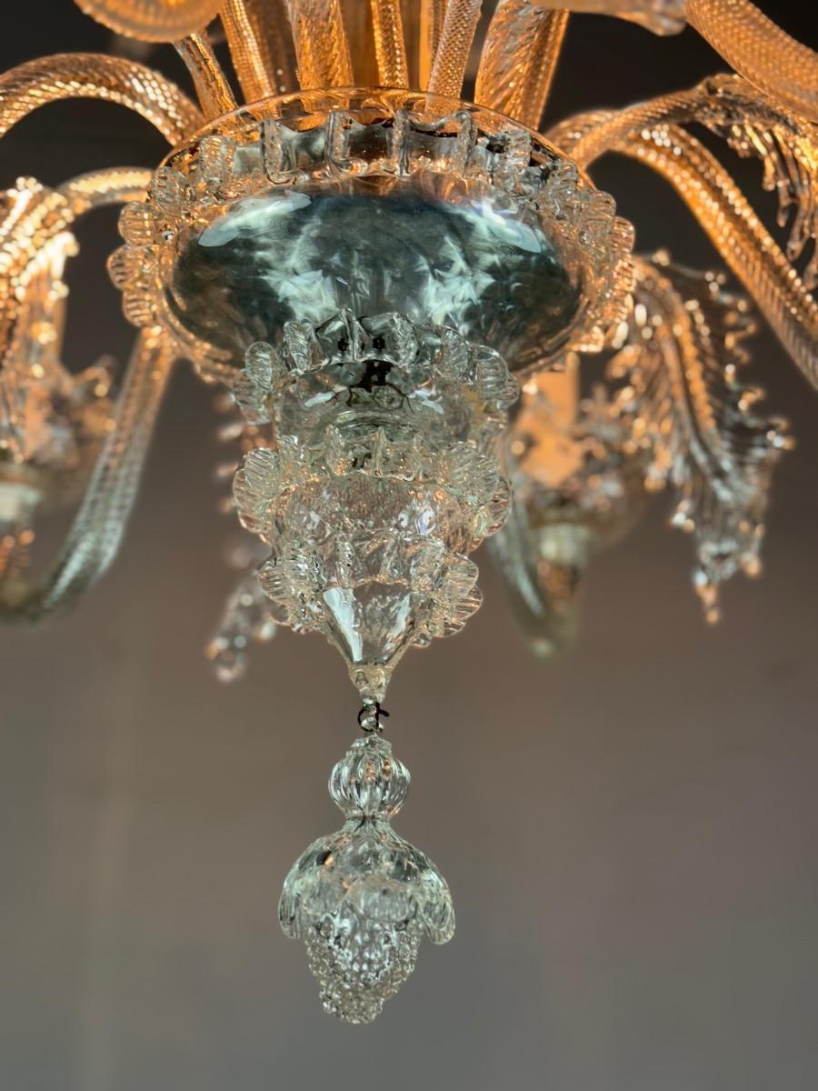 Art Déco Lampadario veneziano in vetro di Murano incolore con 6 bracci luminosi, circa 1940 in vendita