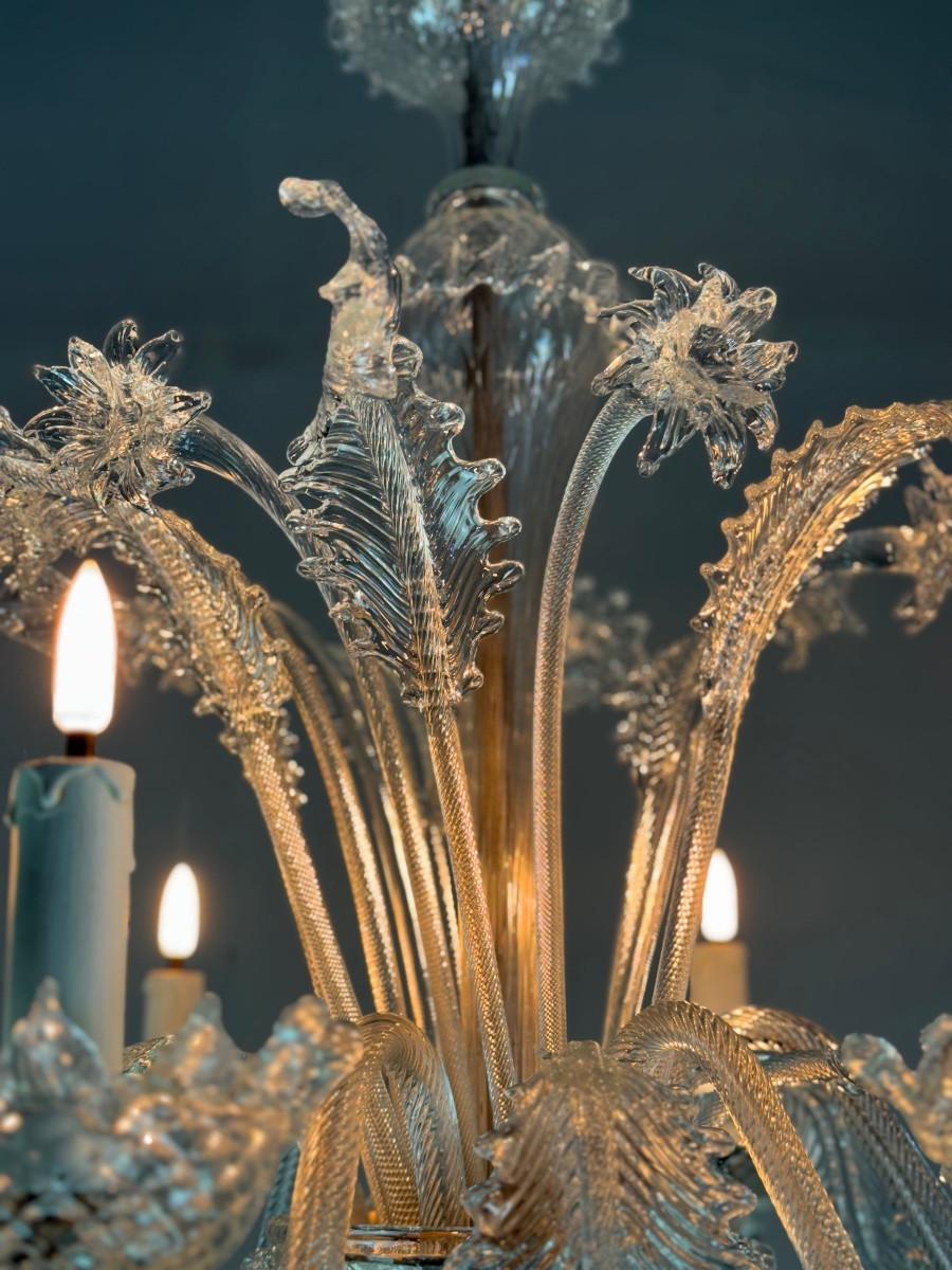 Lampadario veneziano in vetro di Murano incolore con 6 bracci luminosi, circa 1940 In condizioni buone in vendita a Honnelles, WHT