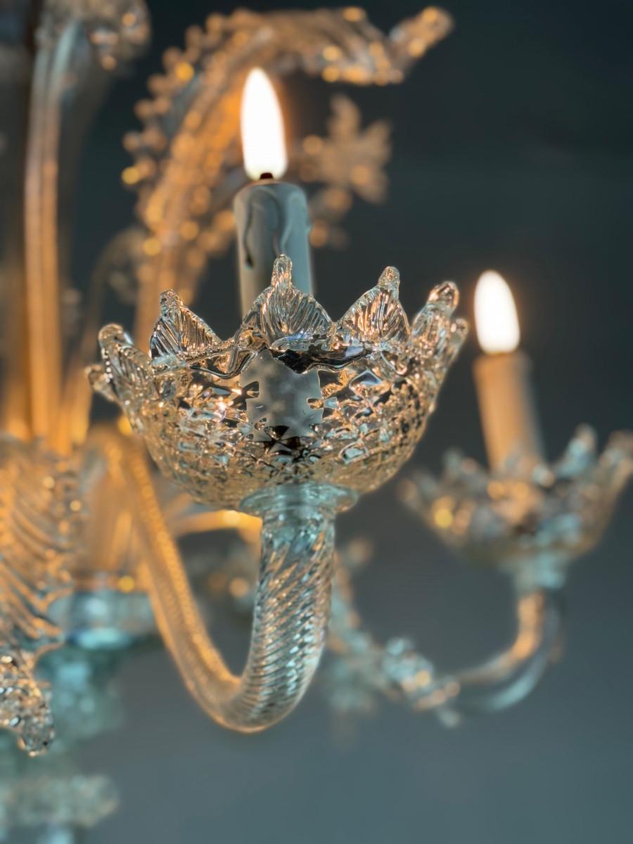 XX secolo Lampadario veneziano in vetro di Murano incolore con 6 bracci luminosi, circa 1940 in vendita