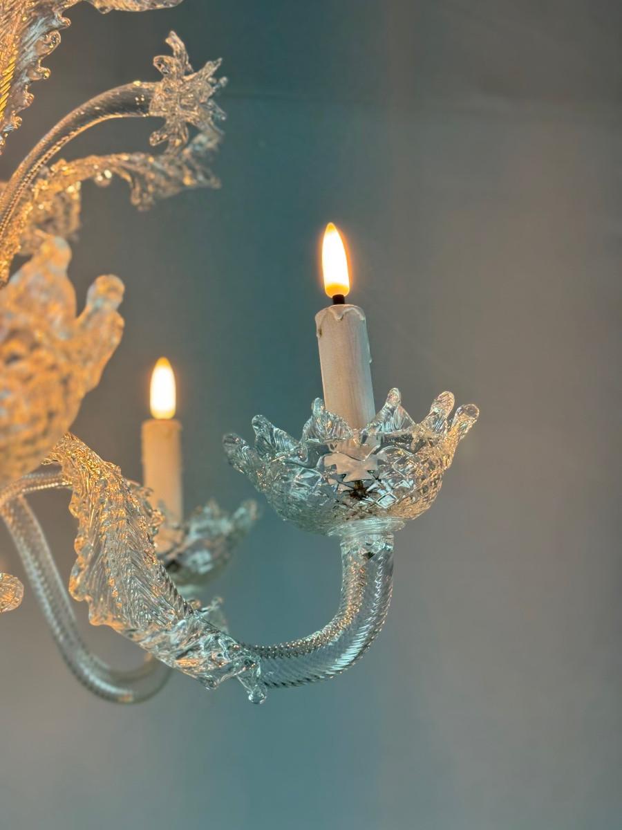 Vetro Lampadario veneziano in vetro di Murano incolore con 6 bracci luminosi, circa 1940 in vendita