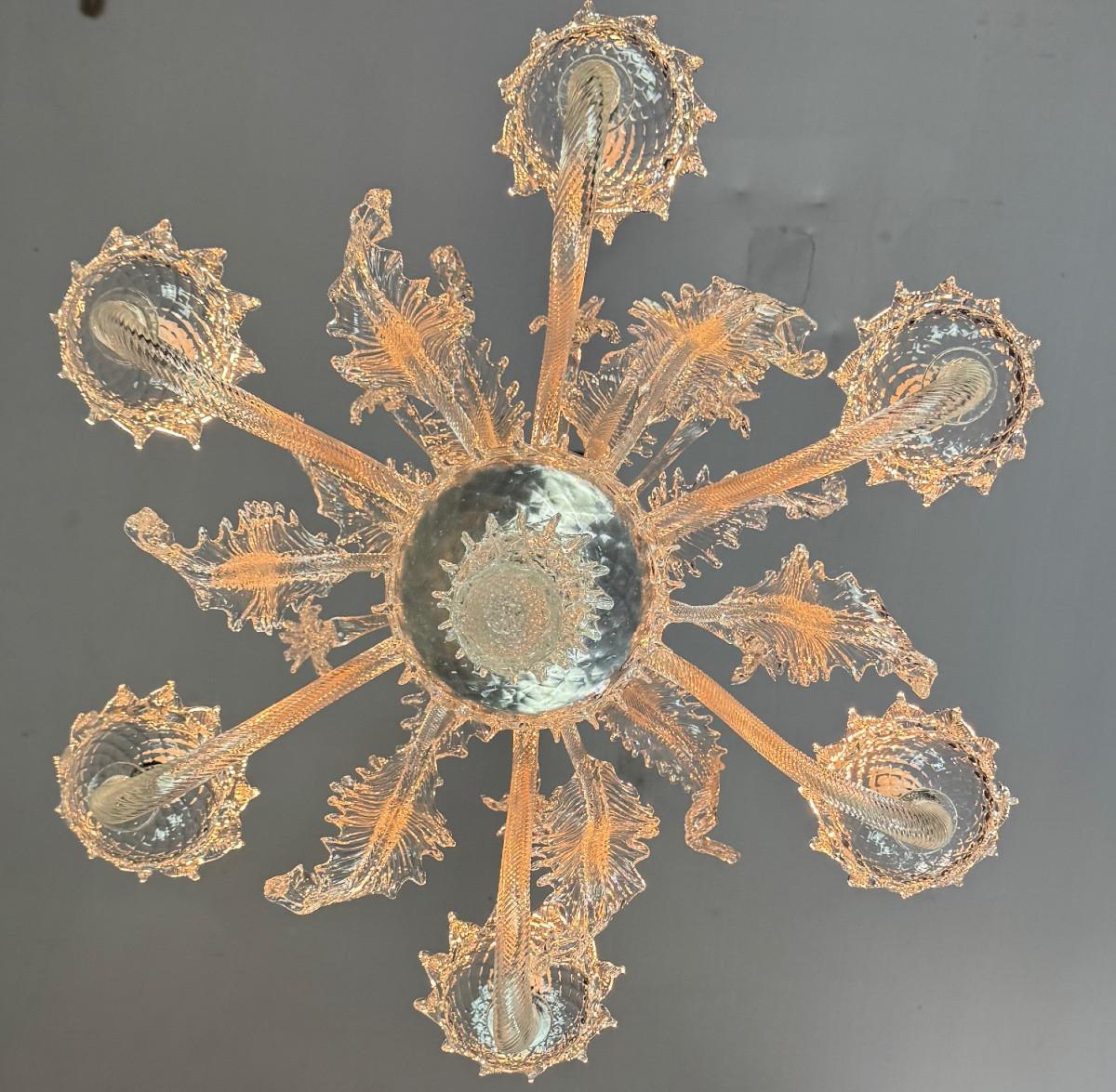 Lampadario veneziano in vetro di Murano incolore con 6 bracci luminosi, circa 1940 in vendita 3