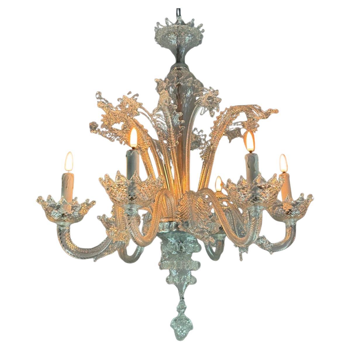 Lampadario veneziano in vetro di Murano incolore con 6 bracci luminosi, circa 1940 in vendita