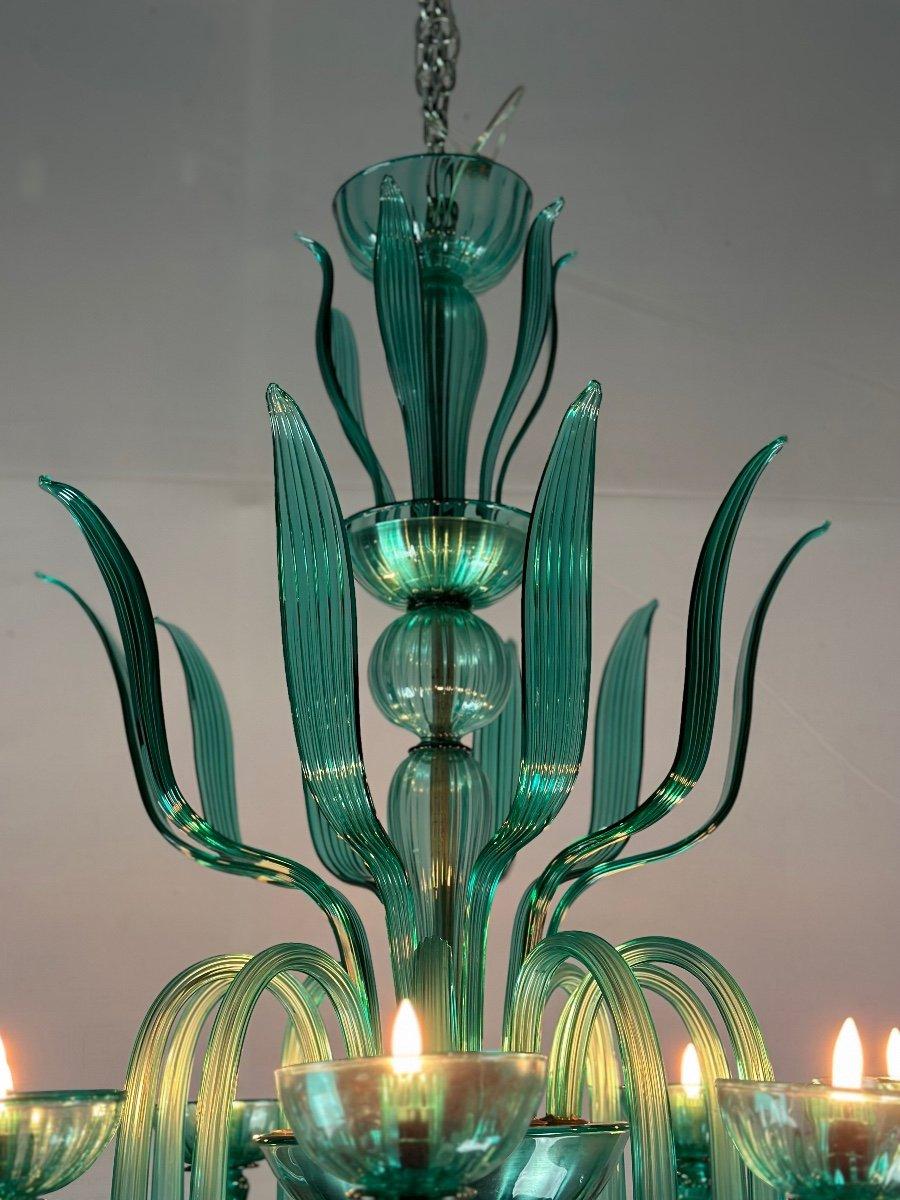 Lustre vénitien à 10 bras de lumière en verre de Murano émeraude en vente 5