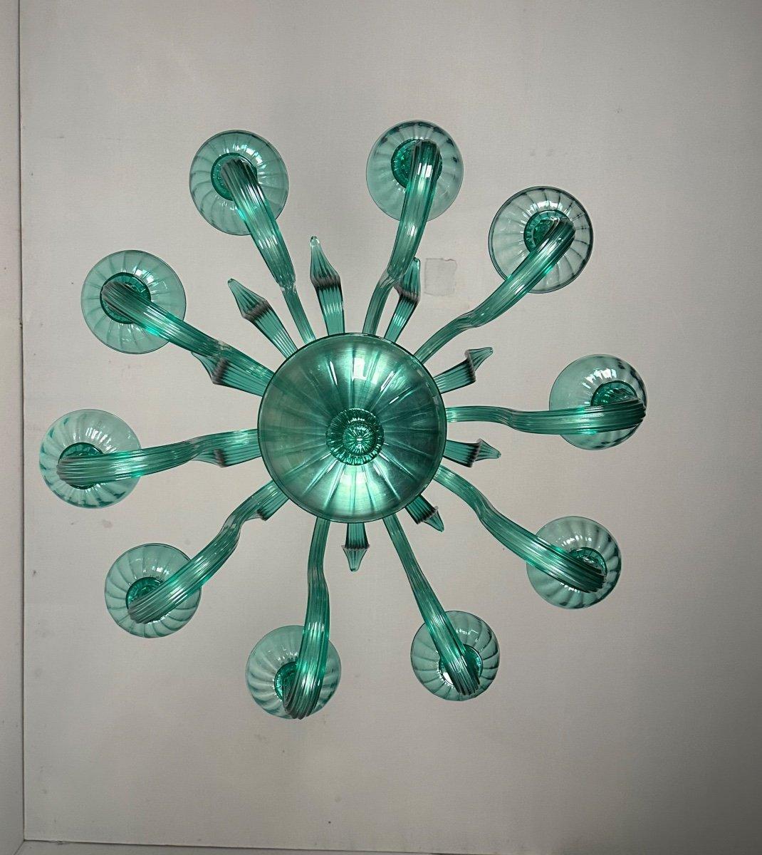 Lustre vénitien en verre de Murano émeraude 10 bras de lumière, nouvelle électrification