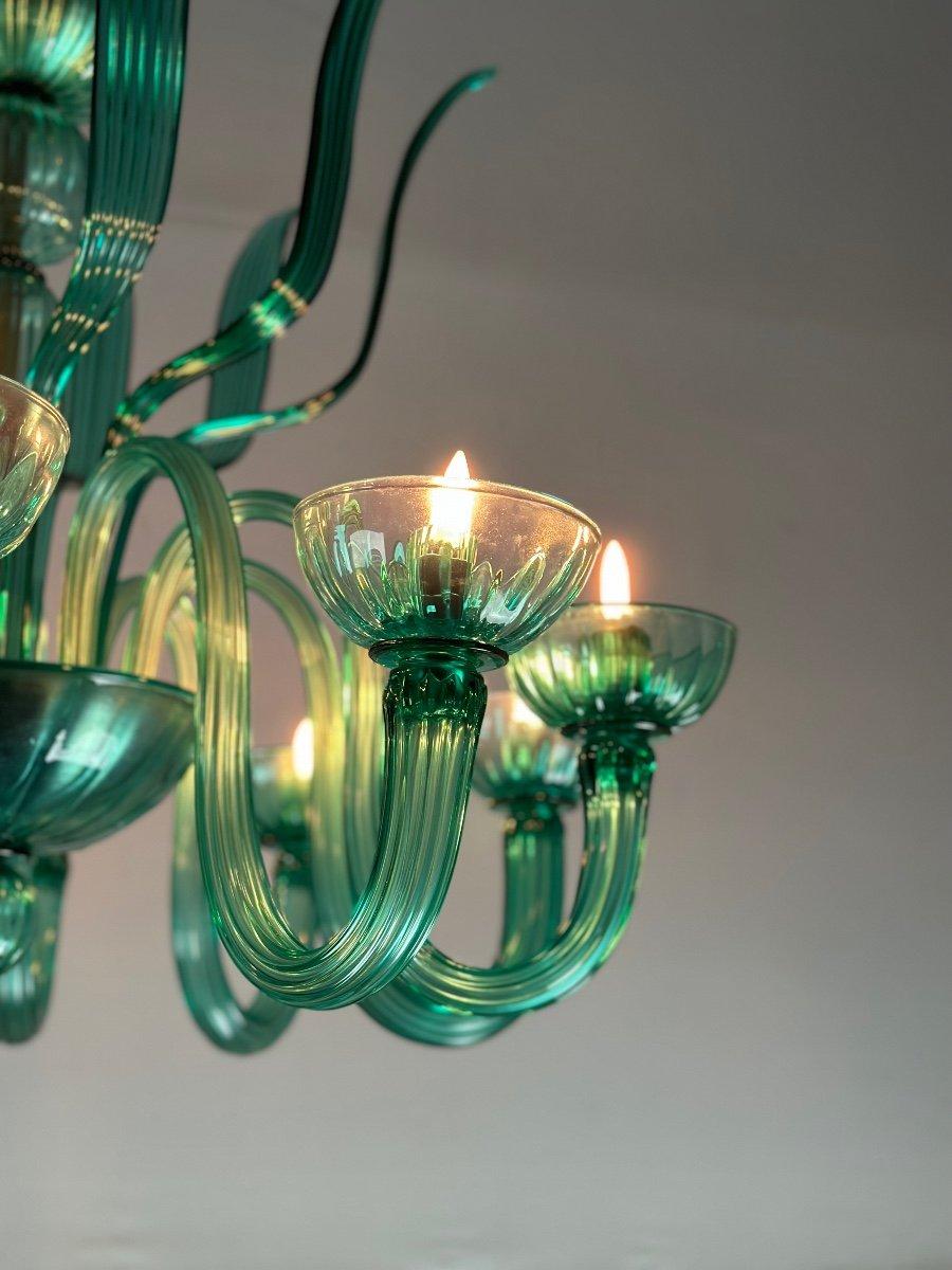 Art Deco Venetian Chandelier In Emerald Murano Glass 10 Arms Of Light For Sale