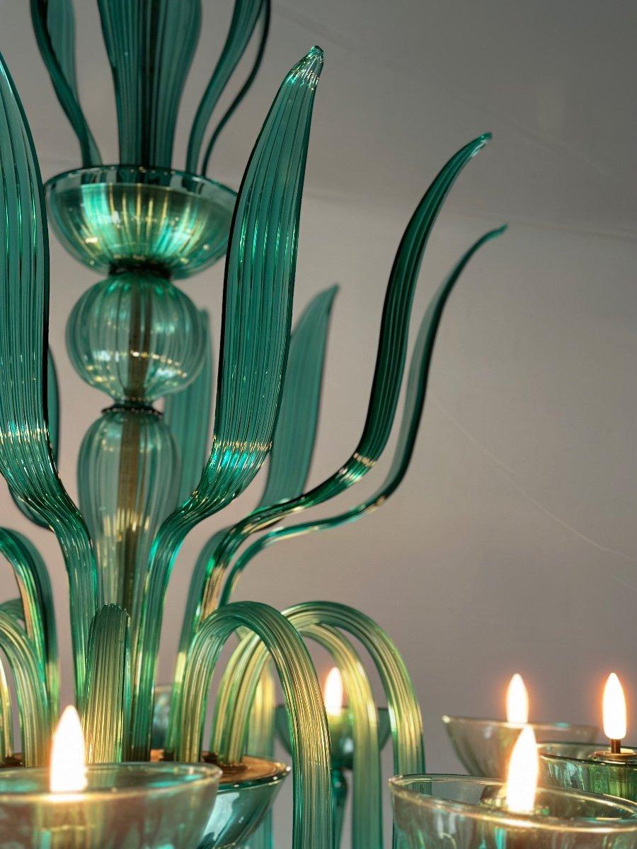 Venezianischer Kronleuchter aus smaragdgrünem Murano-Glas mit 10 Lichtern im Angebot 4