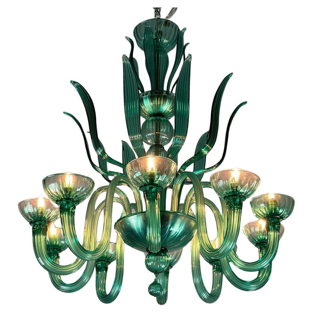 Lustre vénitien à 10 bras de lumière en verre de Murano émeraude