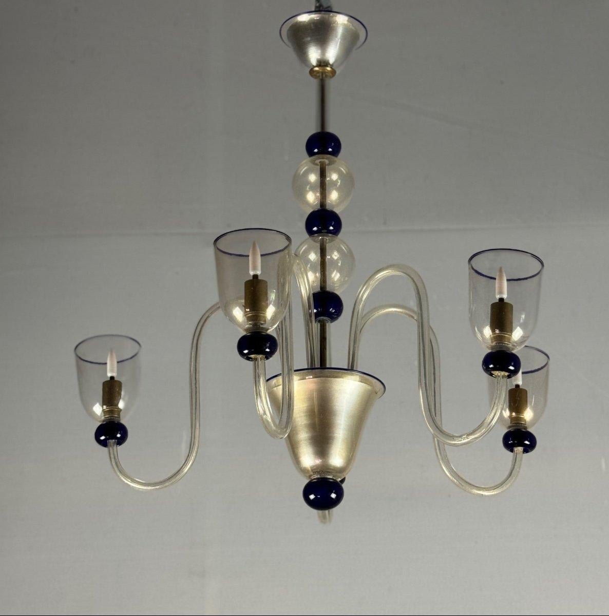 Lustre vénitien en verre de Murano doré et bleu foncé, 5 Lights, Circa 19 en vente 3