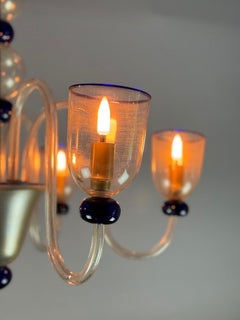 Venetian Chandelier In Gilded And Dark Blue Murano Glass, 5 Light Arms, Circa 19