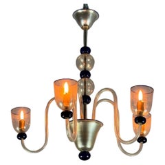 Venetian Chandelier In Gilded And Dark Blue Murano Glass, 5 Light Arms, Circa 19