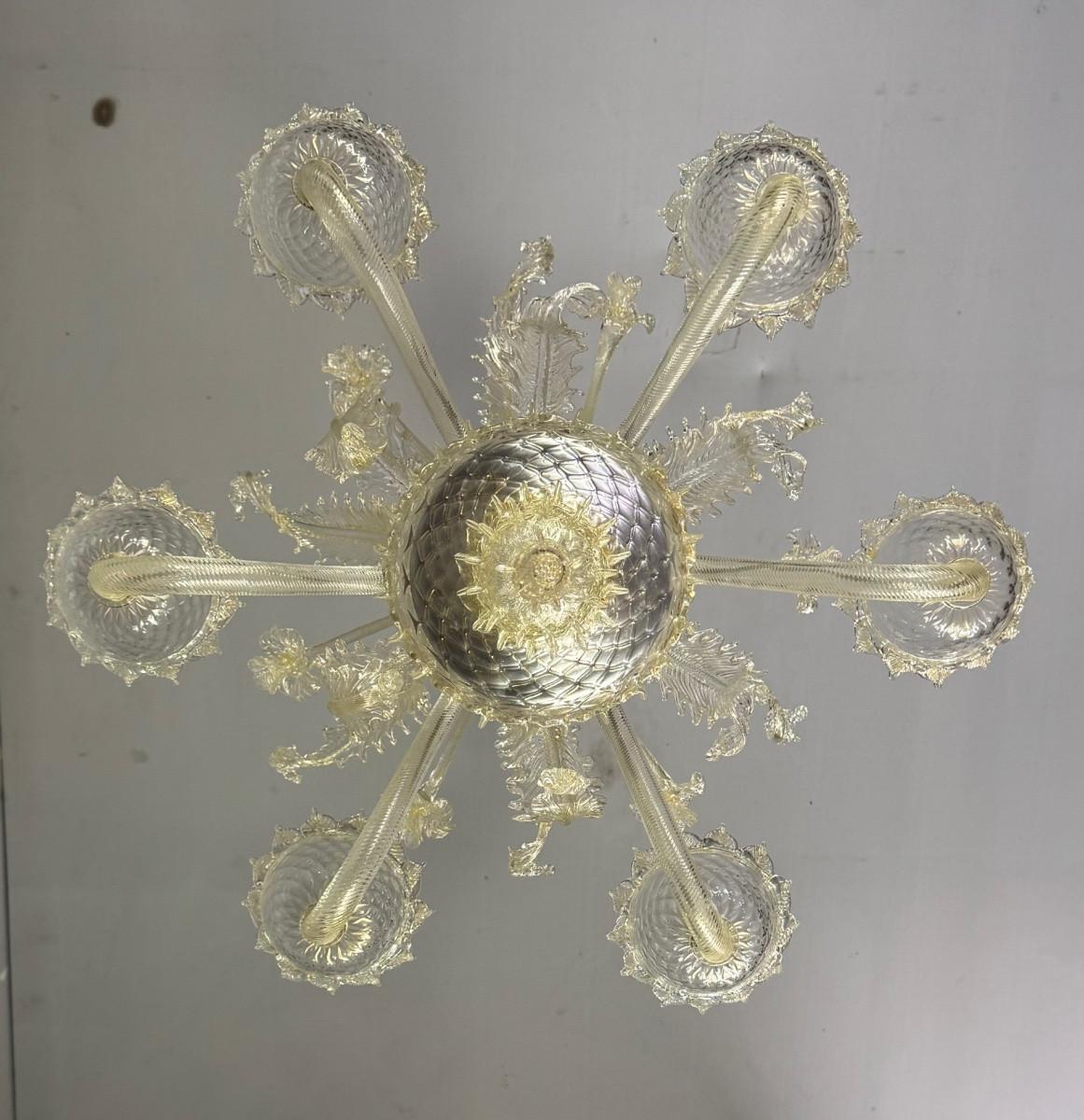 Lustre vénitien en verre doré de Murano, 6 bras de lumière, circa 1940 en vente 4