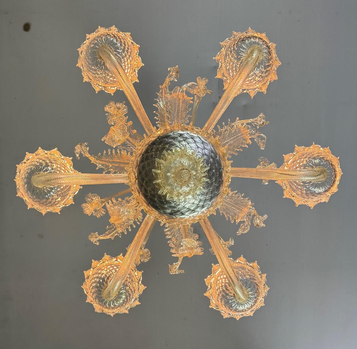 Lustre vénitien en verre doré de Murano, 6 bras de lumière, circa 1940 en vente 5