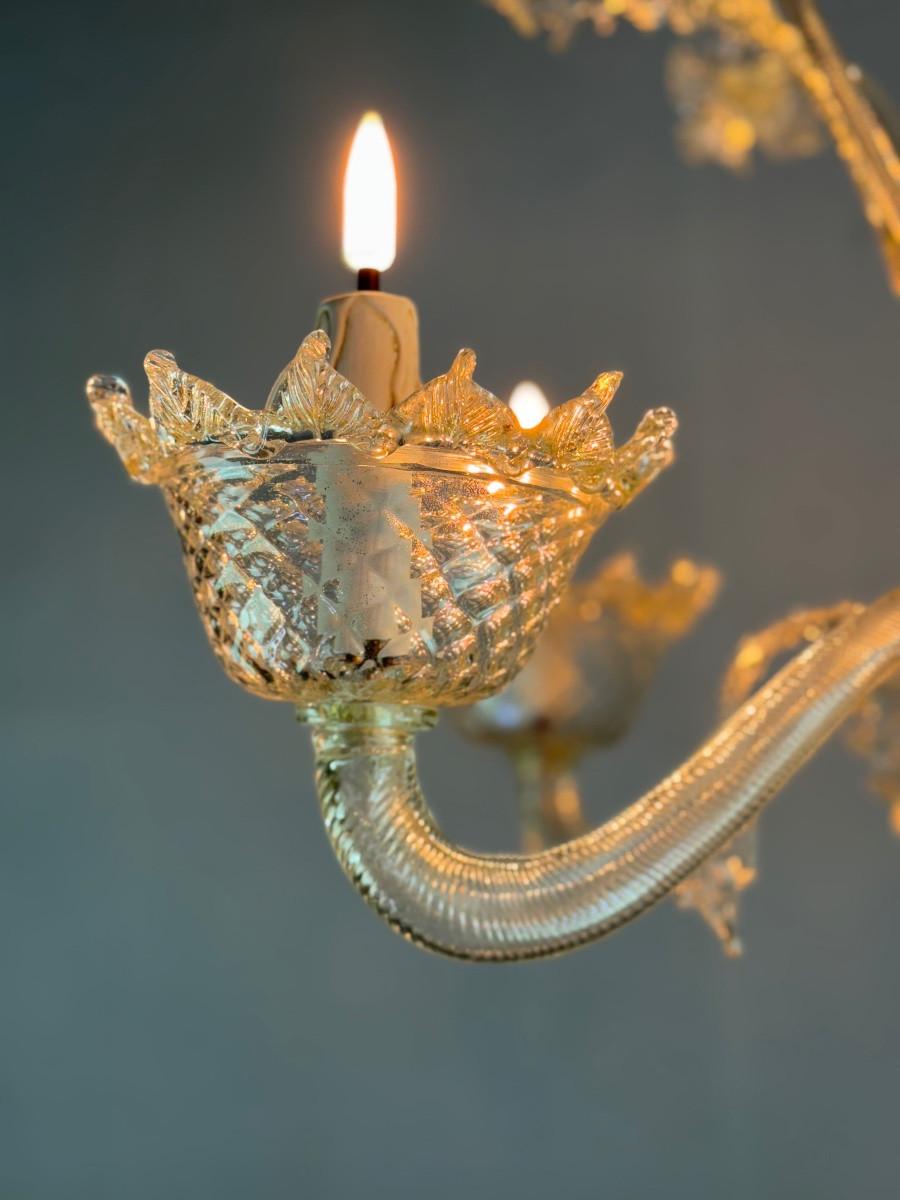 Lustre vénitien en verre doré de Murano, 6 bras de lumière, circa 1940 en vente 1
