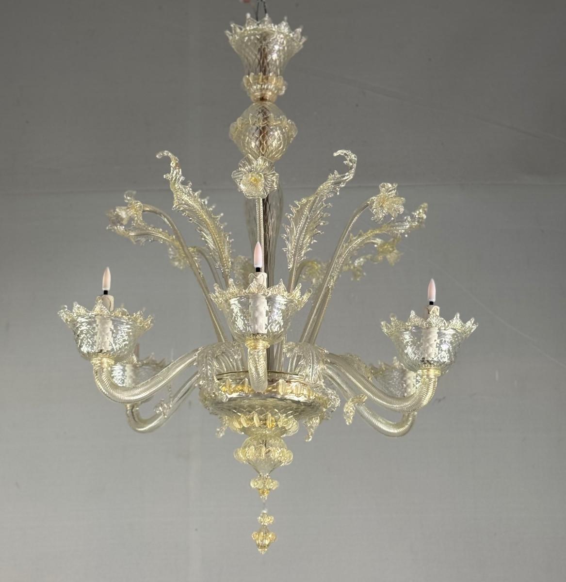 Lustre vénitien en verre doré de Murano, 6 bras de lumière, circa 1940 en vente 3