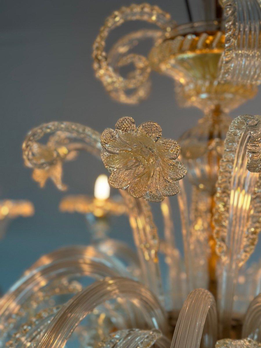 Metal Venetian Chandelier In Golden Murano Glass, 10 Arms Of Light Circa 1930 For Sale