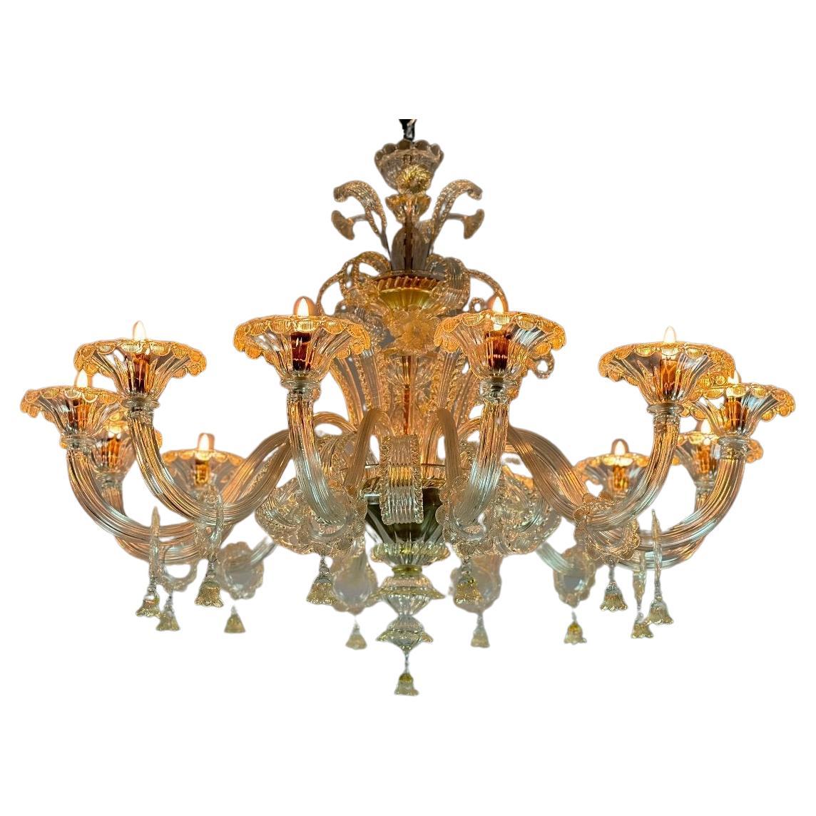 Venetian Chandelier In Golden Murano Glass, 10 Arms Of Light Circa 1930 For Sale