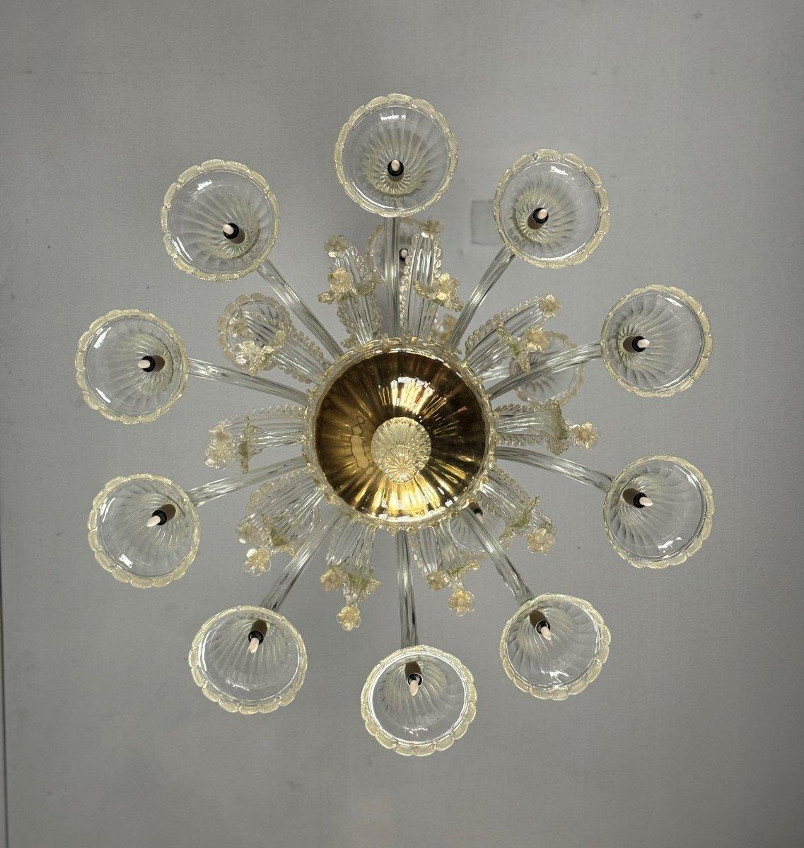 Venetian Chandelier In Golden Murano Glass 15 Lights On Two Levels, Circa 1940 For Sale 4