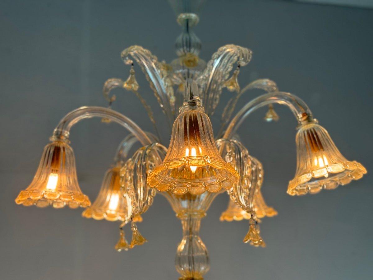 Metal Venetian Chandelier In Golden Murano Glass 15 Lights On Two Levels, Circa 1940 For Sale