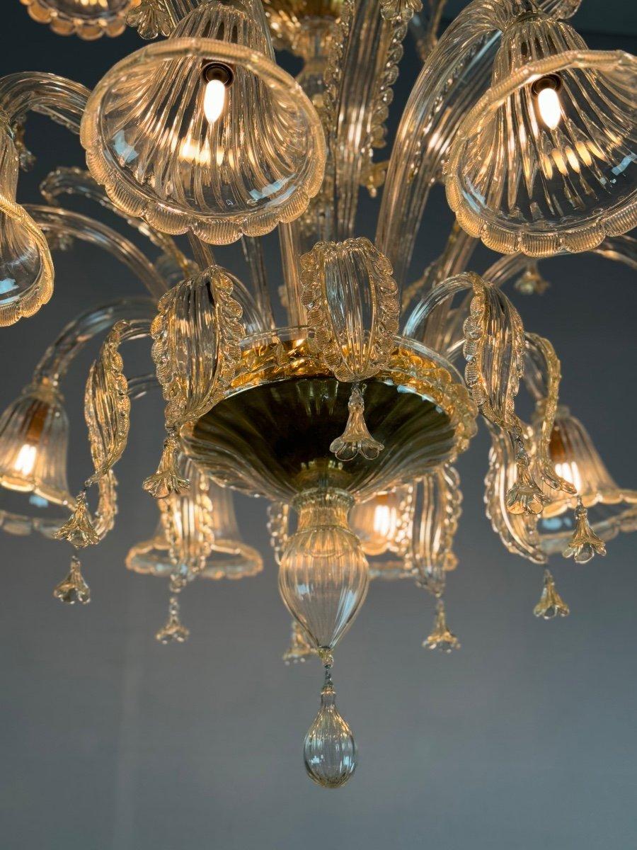 Venetian Chandelier In Golden Murano Glass 15 Lights On Two Levels, Circa 1940 For Sale 2