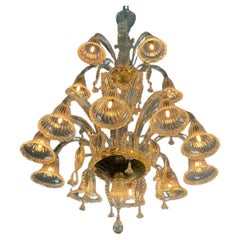 Venetian Chandelier In Golden Murano Glass 15 Lights On Two Levels, Circa 1940