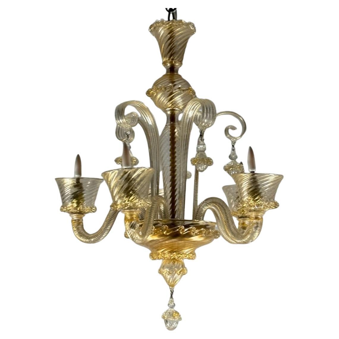 Venetian Chandelier In Golden Murano Glass 5 Arms Of Light Circa 1930 For Sale