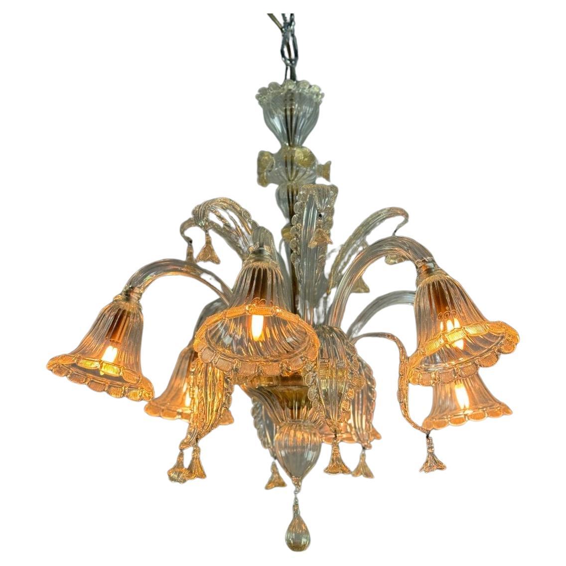 Lustre vénitien en verre de Murano doré, 6 bras de lumière