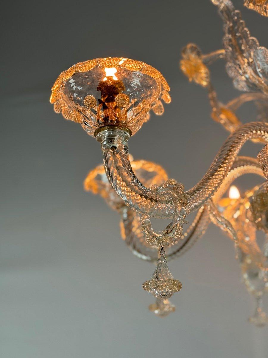 Lustre vénitien en verre doré de Murano, 7 bras de lumière Circa 1930 en vente 3