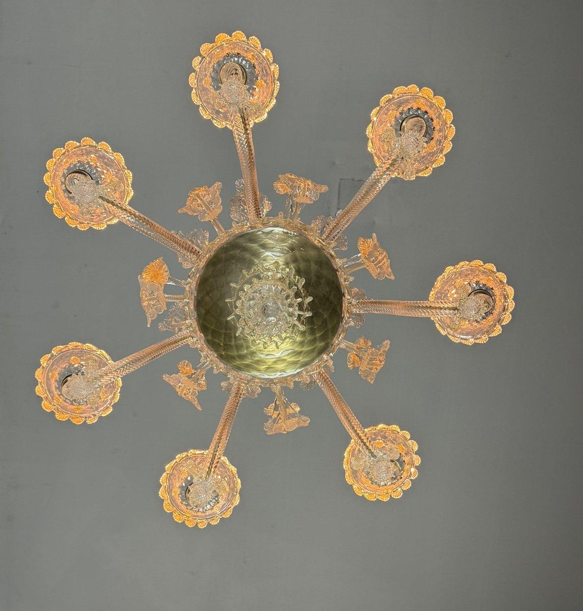 Lustre vénitien en verre doré de Murano, 7 bras de lumière Circa 1930 en vente 6