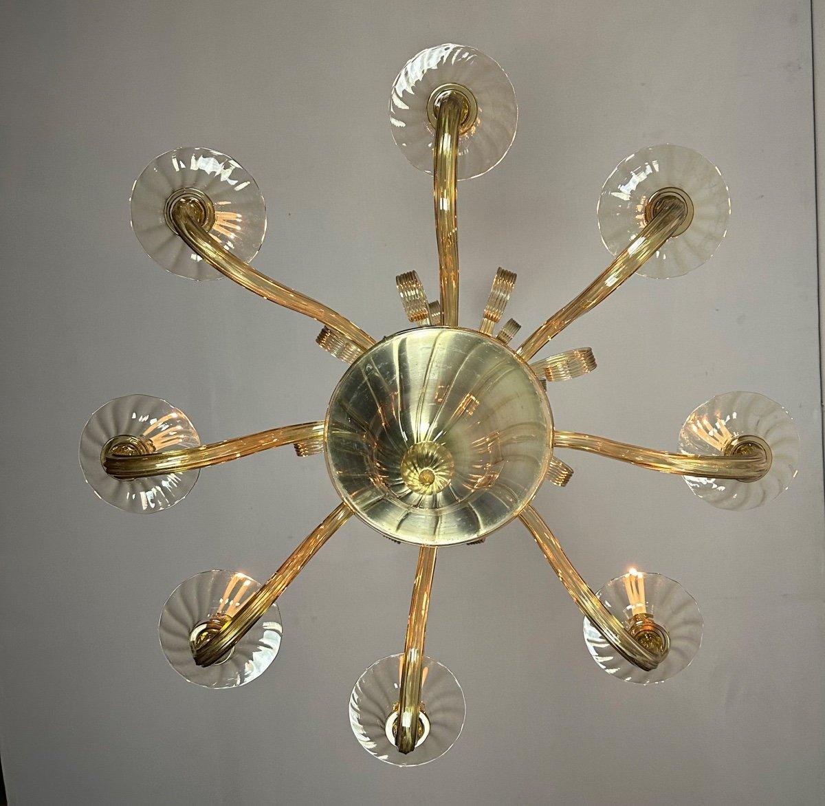 Venetian Chandelier In Golden Murano Glass, 8 Arms Of Light Circa 1940 In Excellent Condition For Sale In Honnelles, WHT
