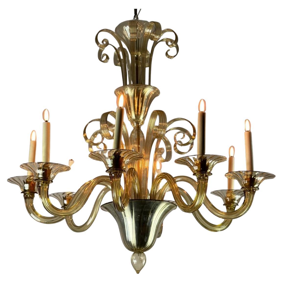 Venetian Chandelier In Golden Murano Glass, 8 Arms Of Light Circa 1940 For Sale