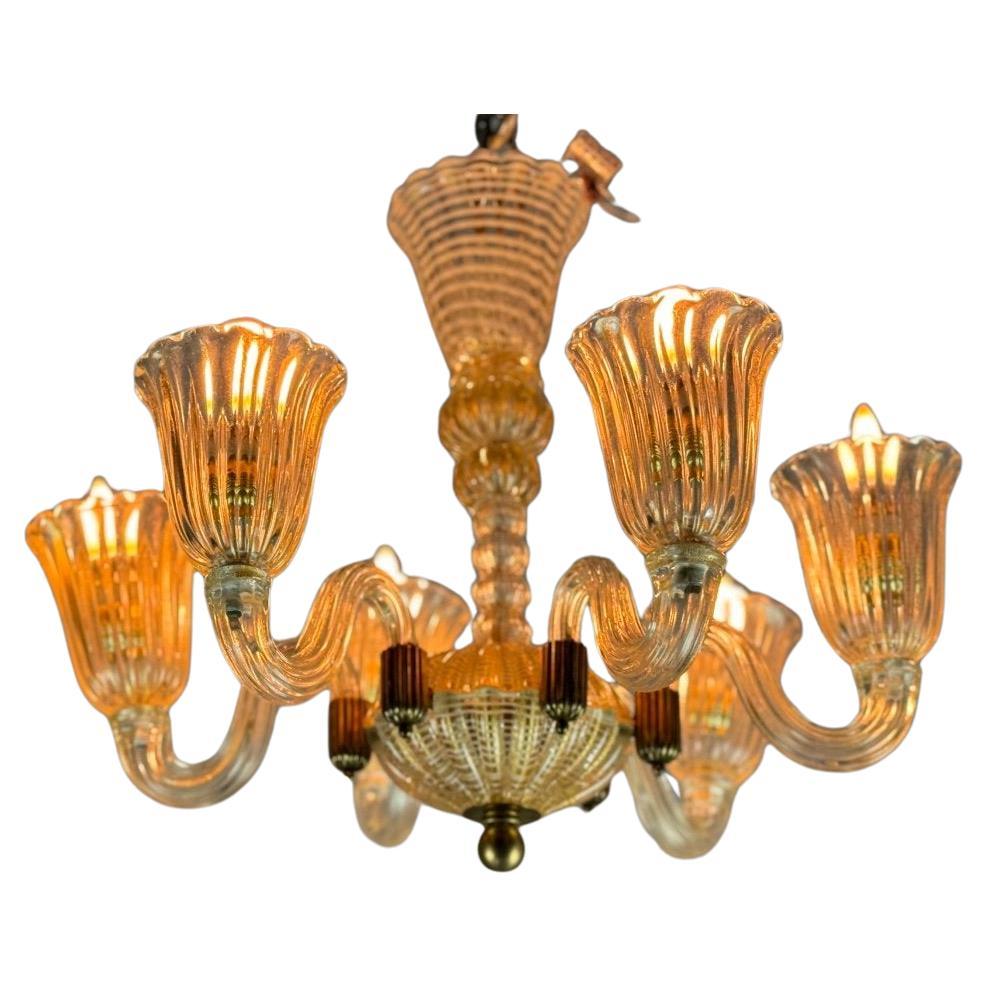 Venetian Chandelier In Golden Murano Glass And Reticello, 6 Arms Of Light