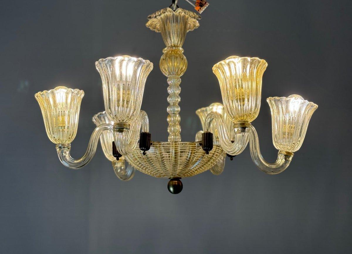 italien Lustre vénitien en verre de Murano doré et Reticello en vente