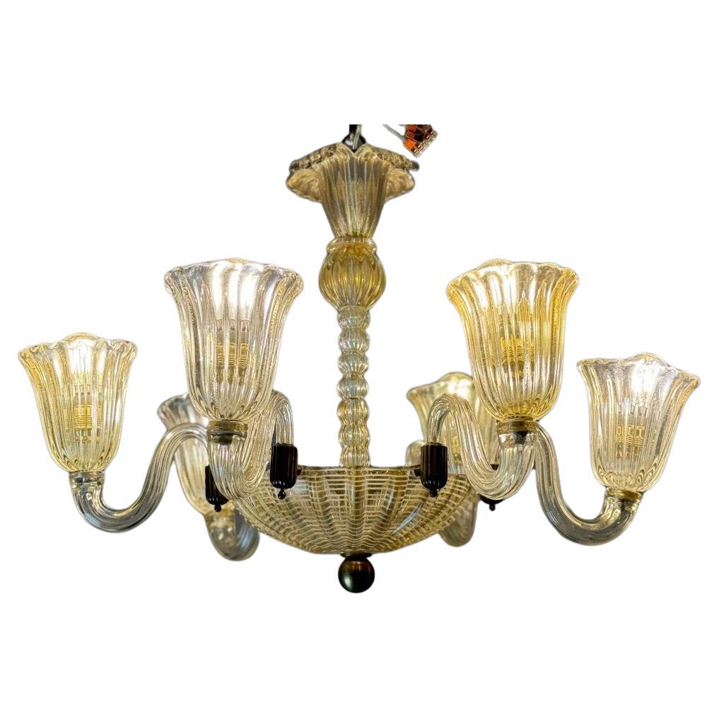 Venetian Chandelier In Golden Murano Glass And Reticello