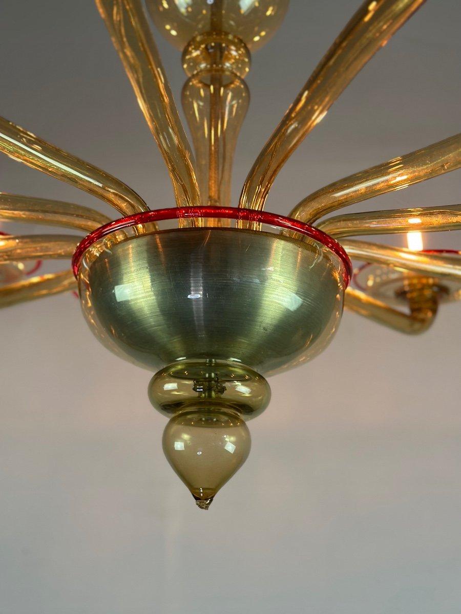 Metal Venetian Chandelier In Golden Murano Glass Mordoré And Red, Venini Circa 1940 For Sale
