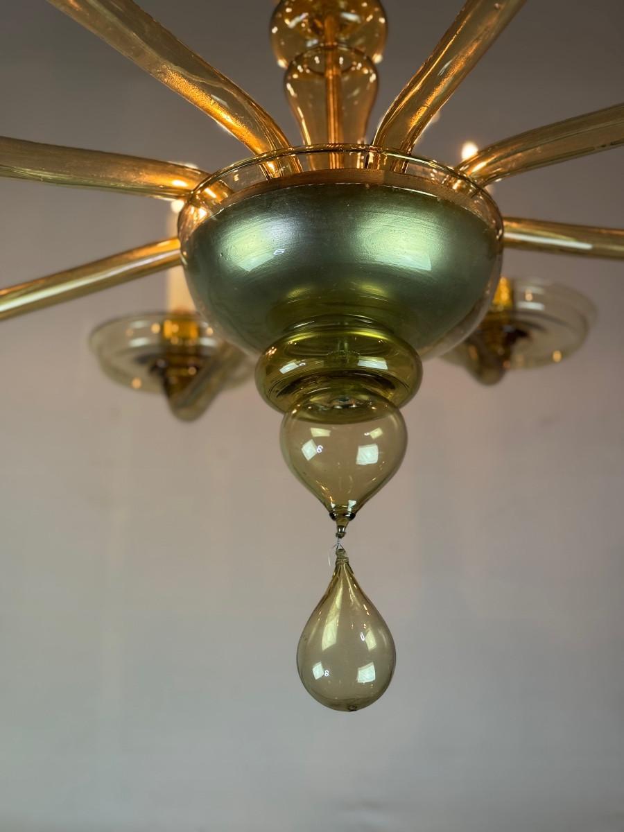 20ième siècle Lustre vénitien en verre doré de Murano, Venini, vers 1920 en vente