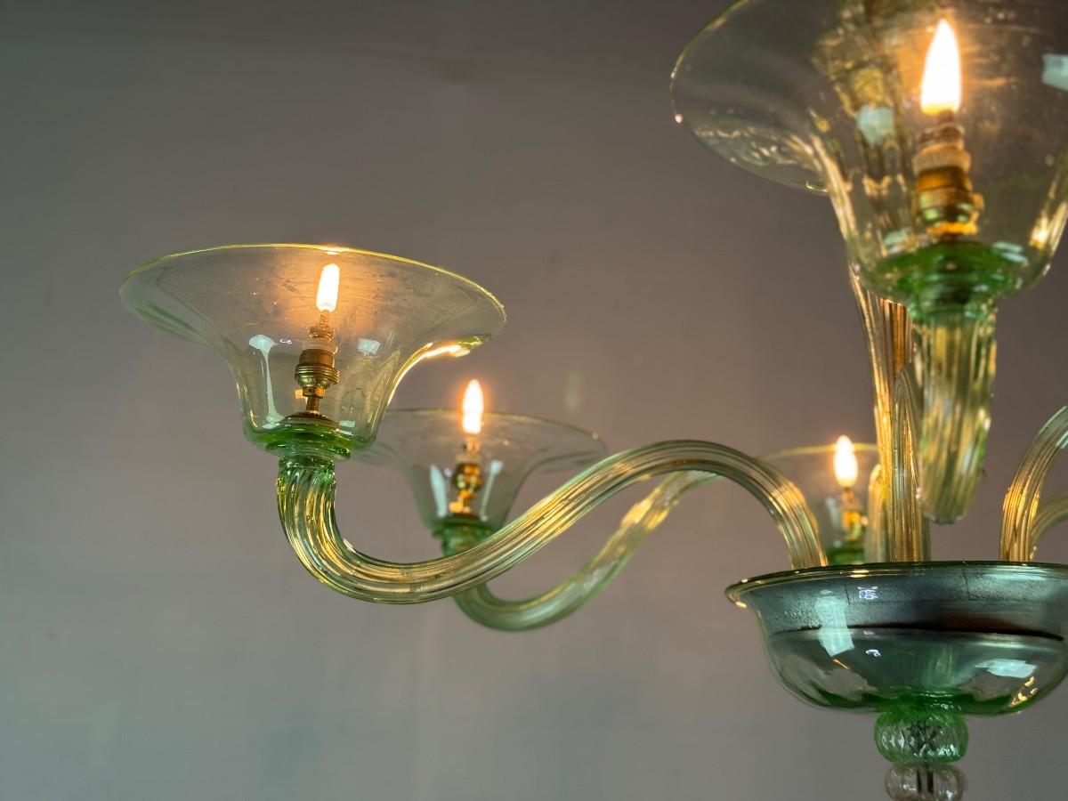 Vetro Lampadario veneziano in vetro verde di Murano, circa 1940 in vendita