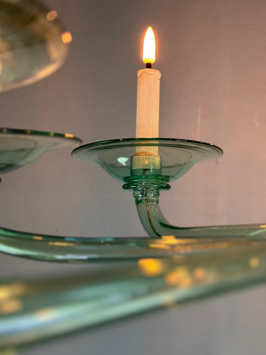 Italian Venetian chandelier in green Murano glass, Venini, circa 1920 For Sale