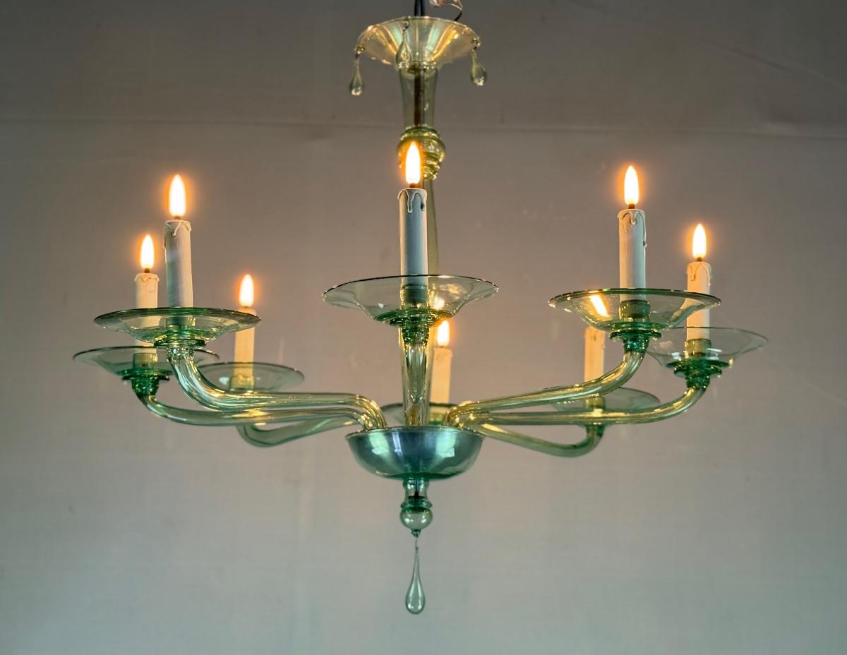 Venetian chandelier in green Murano glass, Venini, circa 1920 For Sale 3