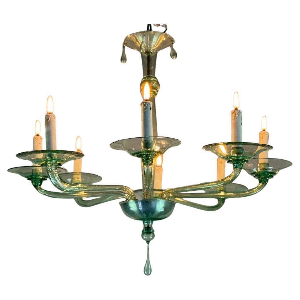 Venetian chandelier in green Murano glass, Venini, circa 1920 For Sale