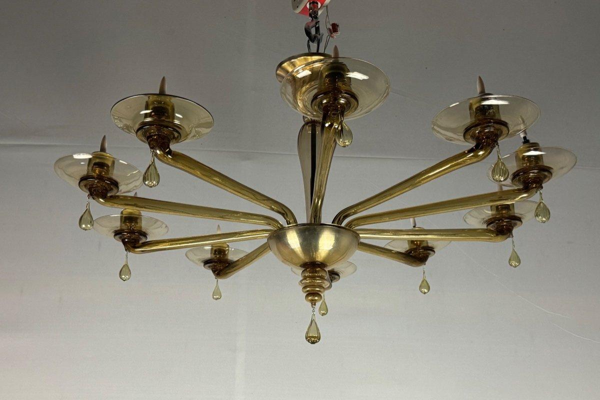 Venetian chandelier in bronze Murano glass by Venini circa 1940, 

10 arms of light, 

New electrification